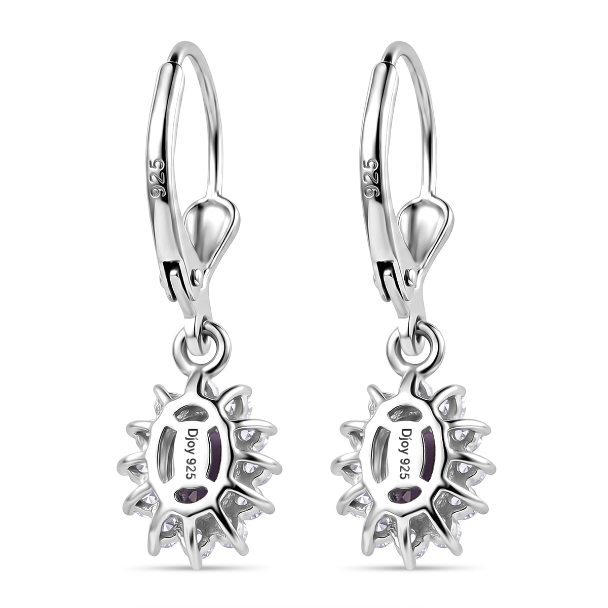 Royal Bali Collection - D'Joy African Amethyst &amp; White Zircon Halo Earring with Lever Back in Rhodium Overlay Sterling Silver 1.38 Ct. 8557078 5