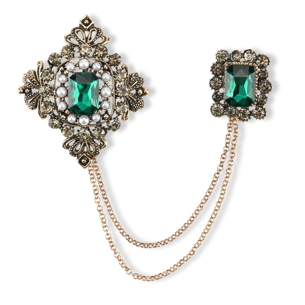 Antique Style Green Crystal Double Brooch with Hanging Chains (16.5cm) - Gold 8557086 0