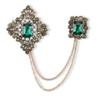 Antique Style Green Crystal Double Brooch with Hanging Chains (16.5cm) - Gold_8557086