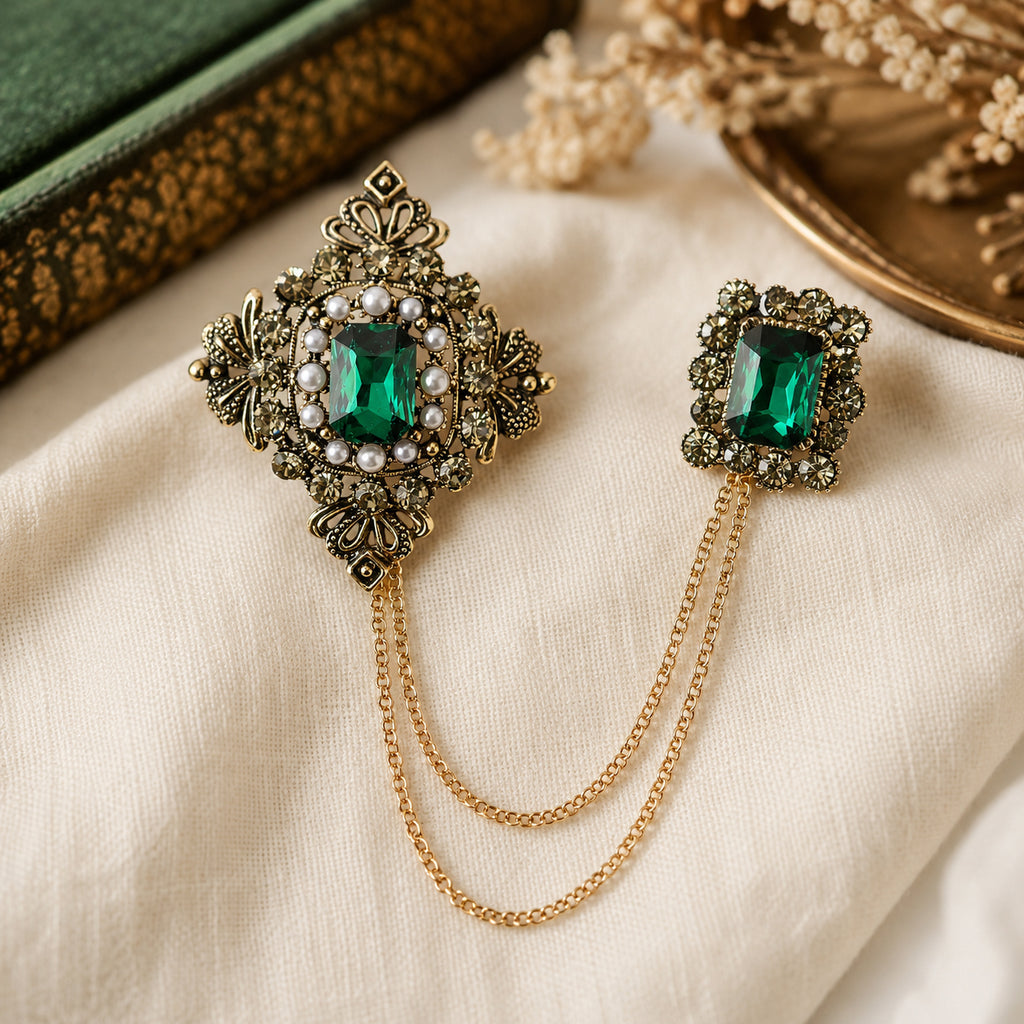 Antique Style Green Crystal Double Brooch with Hanging Chains (16.5cm) - Gold_8557086_1