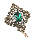 Antique Style Green Crystal Double Brooch with Hanging Chains (16.5cm) - Gold_8557086_5
