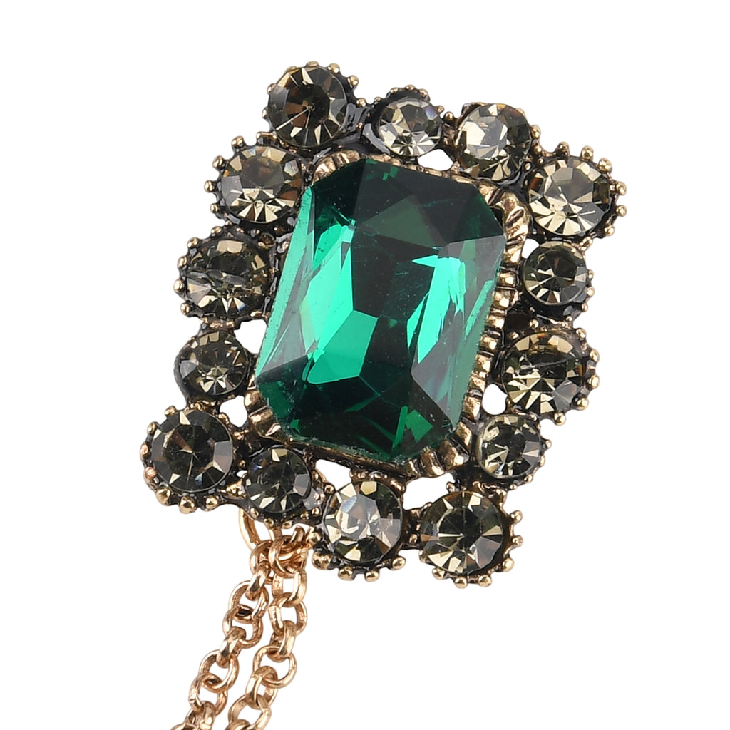 Antique Style Green Crystal Double Brooch with Hanging Chains (16.5cm) - Gold_8557086_6