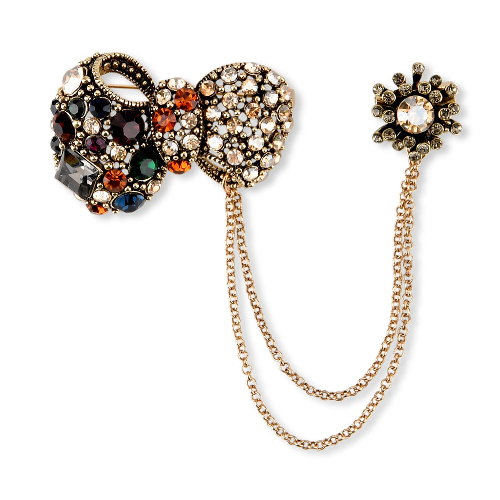Antique Style Black Crystal Bow Pendant Brooch with Hanging Chains (13cm) - Dark Gold_8557091