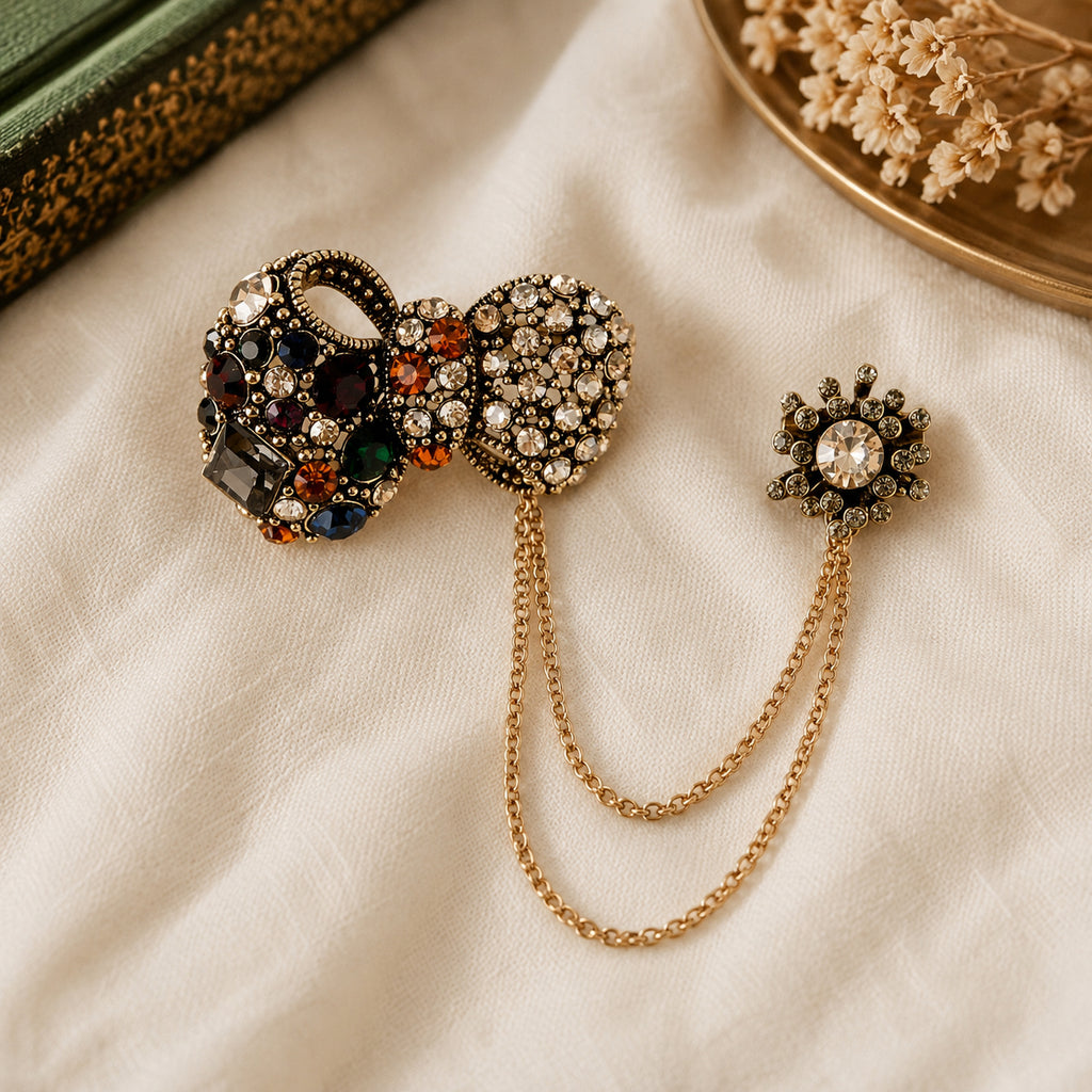 Antique Style Black Crystal Bow Pendant Brooch with Hanging Chains (13cm) - Dark Gold_8557091_1