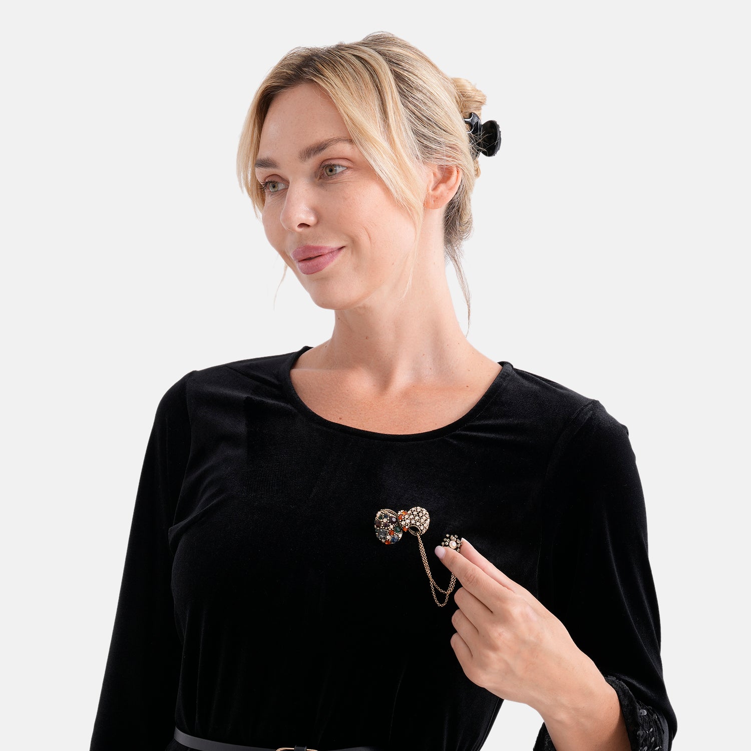 Antique Style Black Crystal Bow Pendant Brooch with Hanging Chains (13cm) - Dark Gold V32517727 4