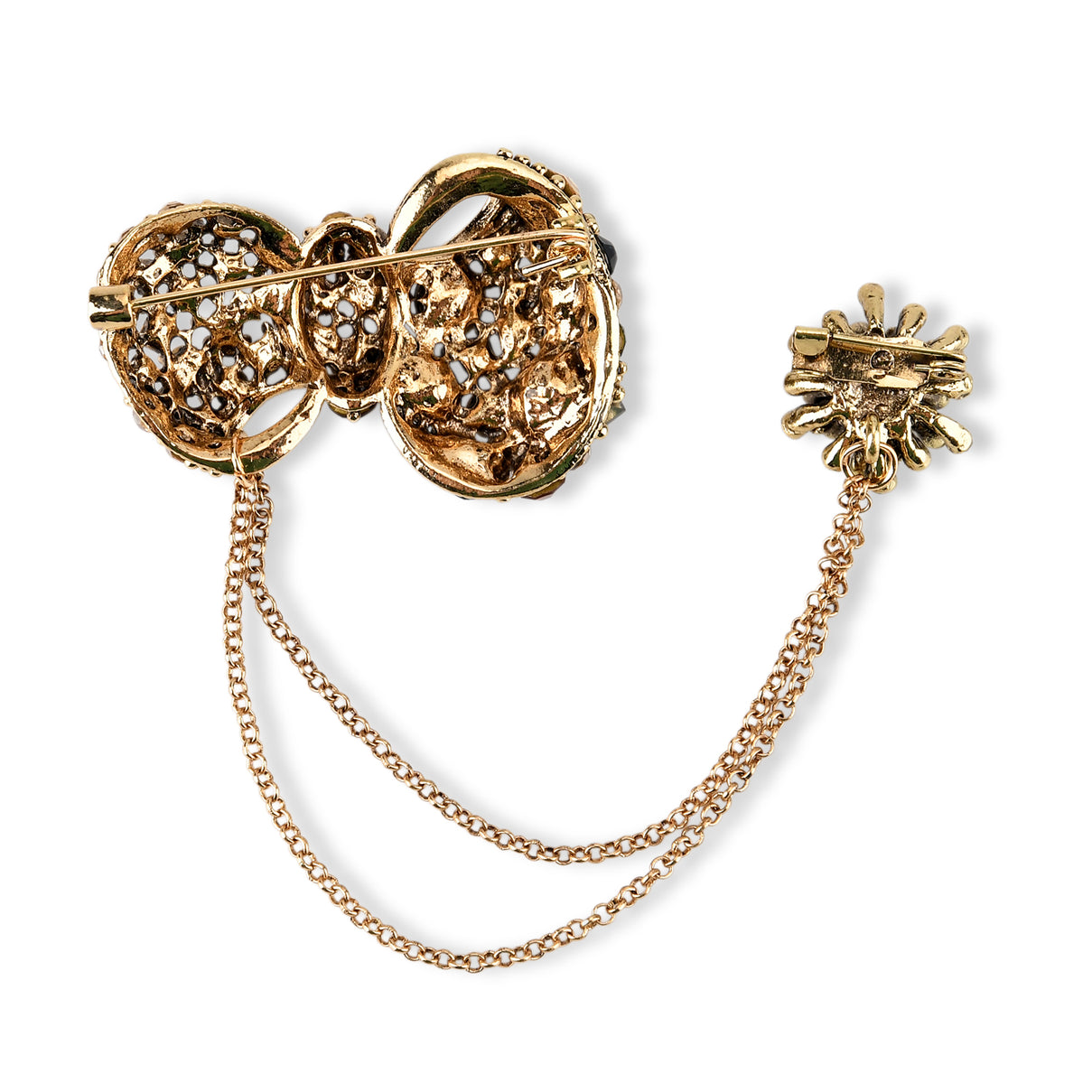 Antique Style Black Crystal Bow Pendant Brooch with Hanging Chains (13cm) - Dark Gold V32517727 5