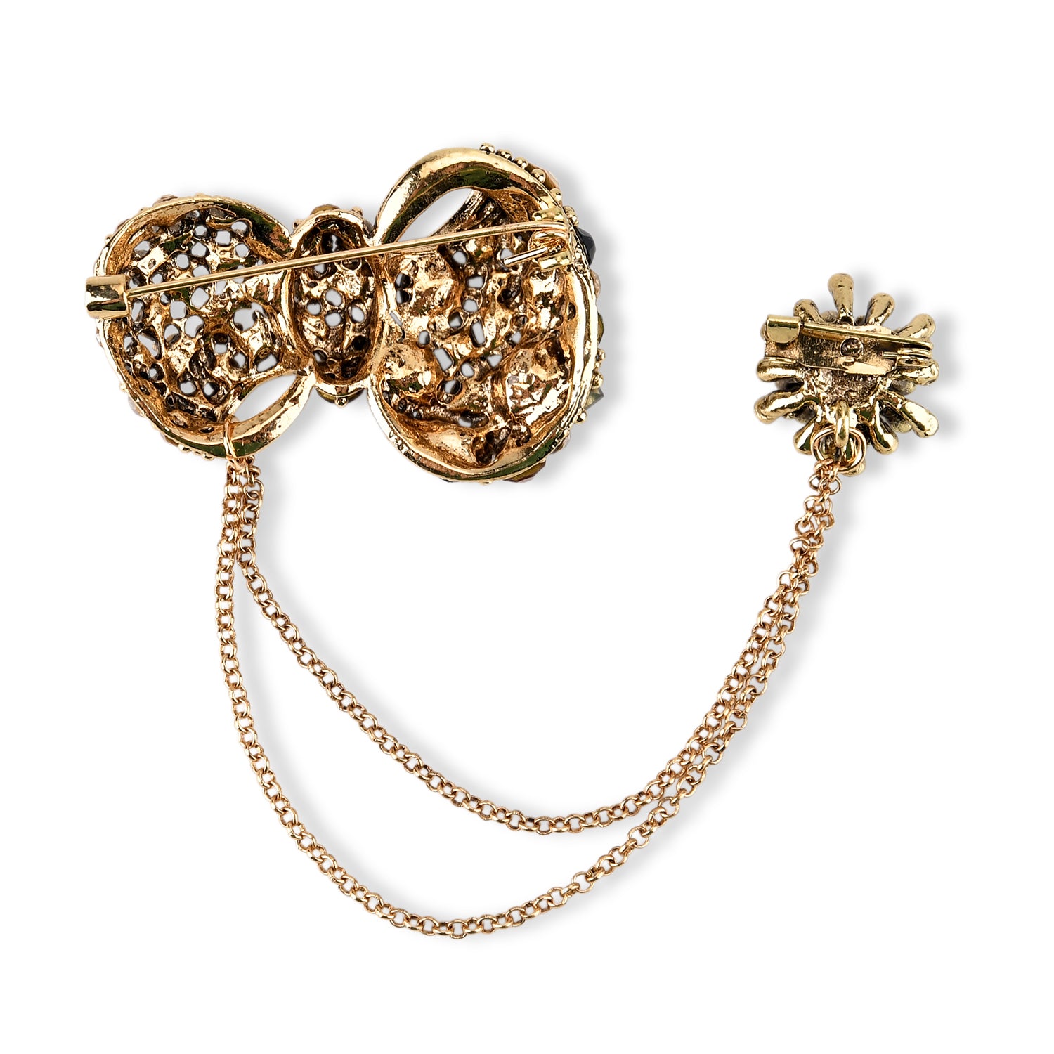 Antique Style Black Crystal Bow Pendant Brooch with Hanging Chains (13cm) - Dark Gold V32517727 5
