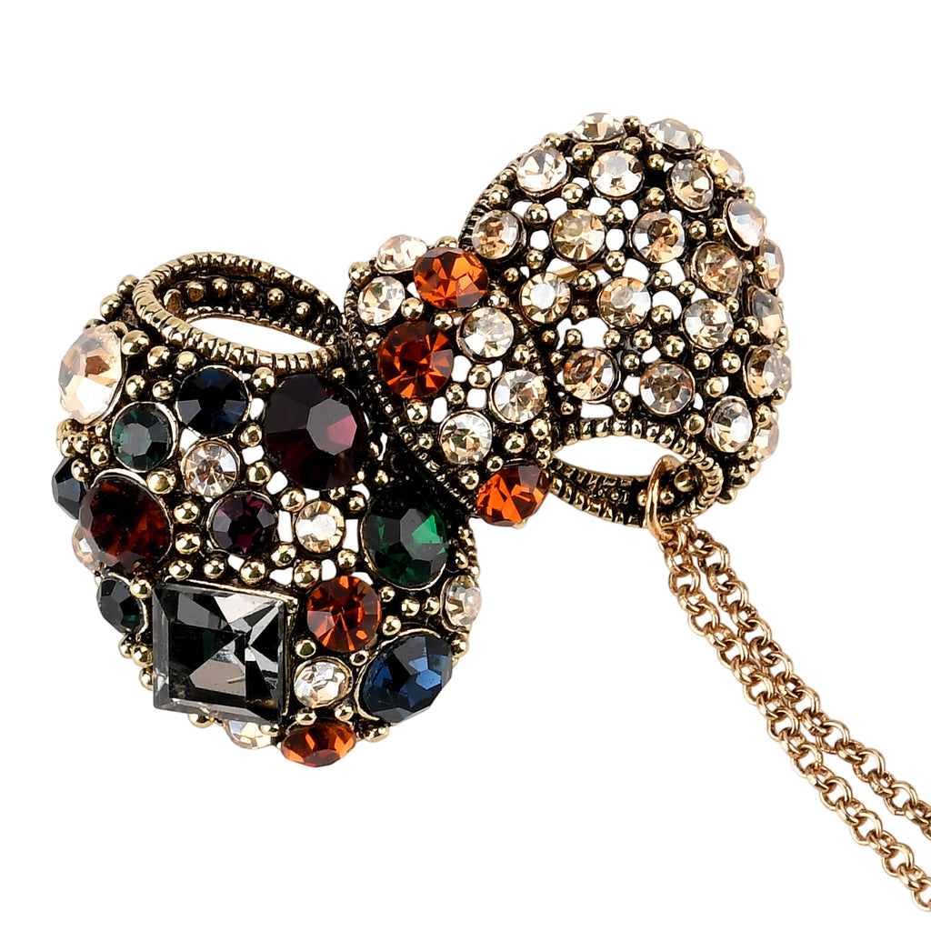 Antique Style Black Crystal Bow Pendant Brooch with Hanging Chains (13cm) - Dark Gold_8557091_5