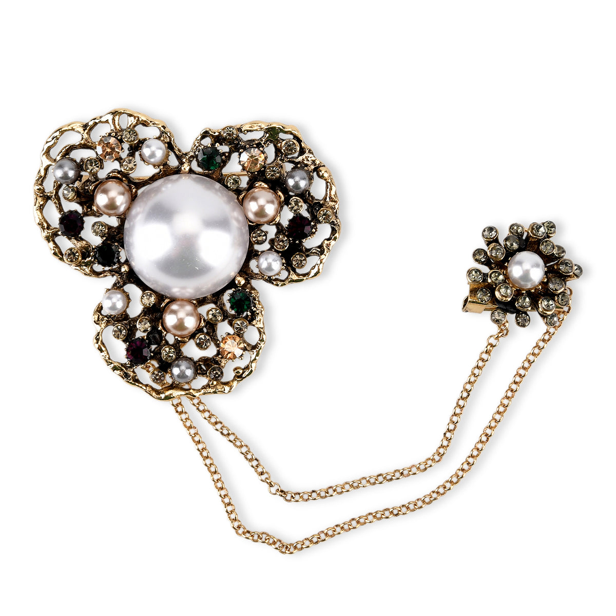 Antique Style Petal Pearl Pendant Brooch with Hanging Chains (15cm) - Dark Gold V32518324 0