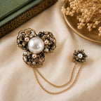 Antique Style Petal Pearl Pendant Brooch with Hanging Chains (15cm) - Dark Gold_8557093_1