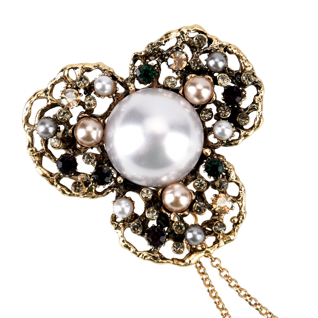 Antique Style Petal Pearl Pendant Brooch with Hanging Chains (15cm) - Dark Gold_8557093_5