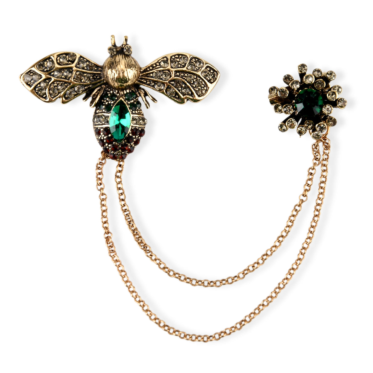Antique Style Green Crystal Bee Pendant Brooch with Hanging Chains (12.5cm) - Green &amp; Red V32517560 0