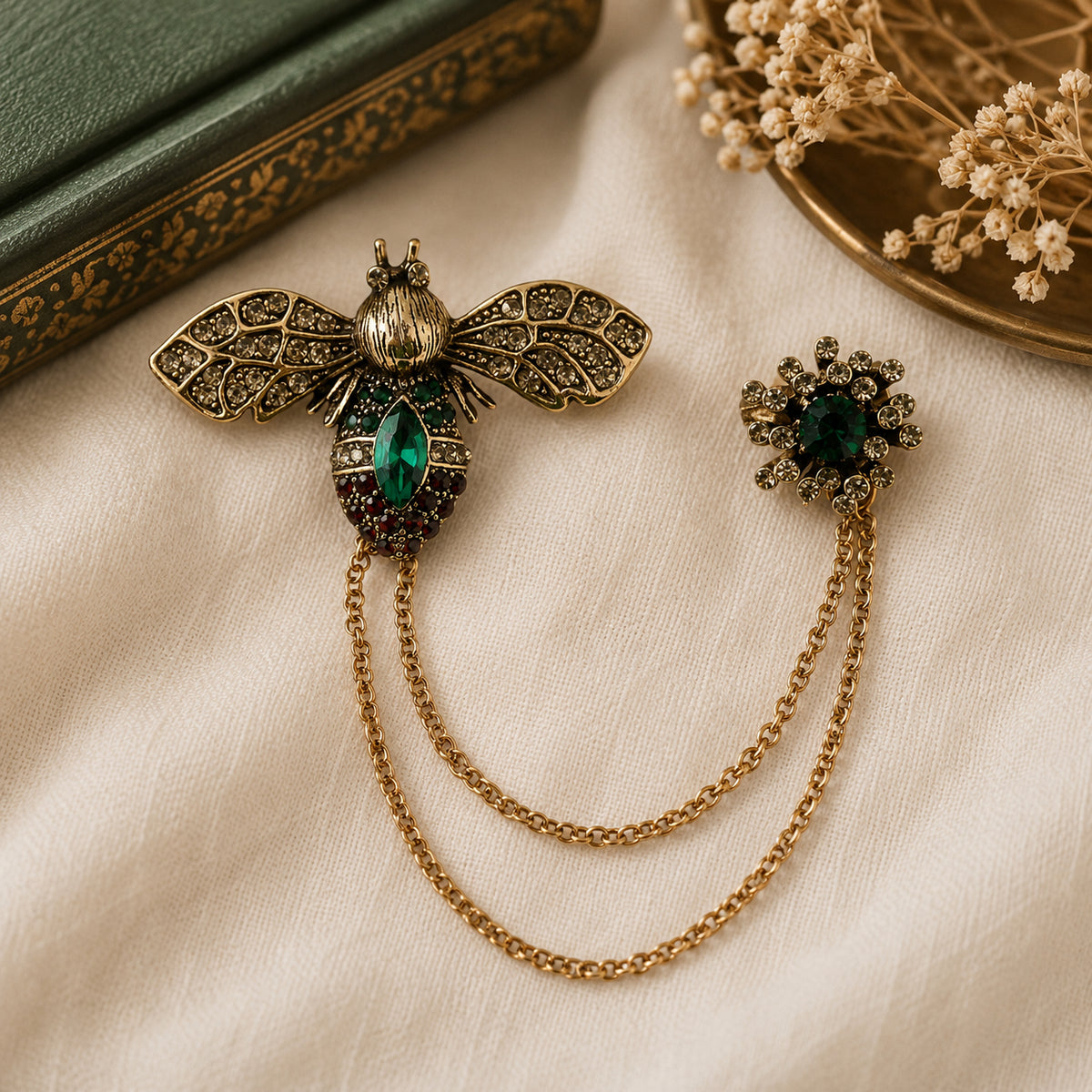 Antique Style Green Crystal Bee Pendant Brooch with Hanging Chains (12.5cm) - Green &amp; Red V32517560 2