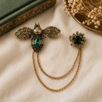Antique Style Green Crystal Bee Pendant Brooch with Hanging Chains (12.5cm) - Green & Red_8557103_1