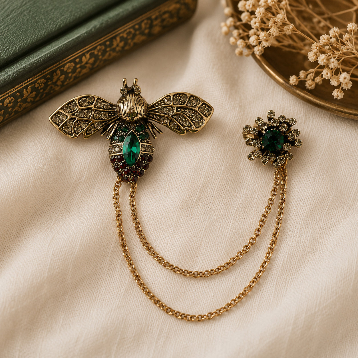 Antique Style Green Crystal Bee Pendant Brooch with Hanging Chains (12.5cm) - Green &amp; Red V32517560 2