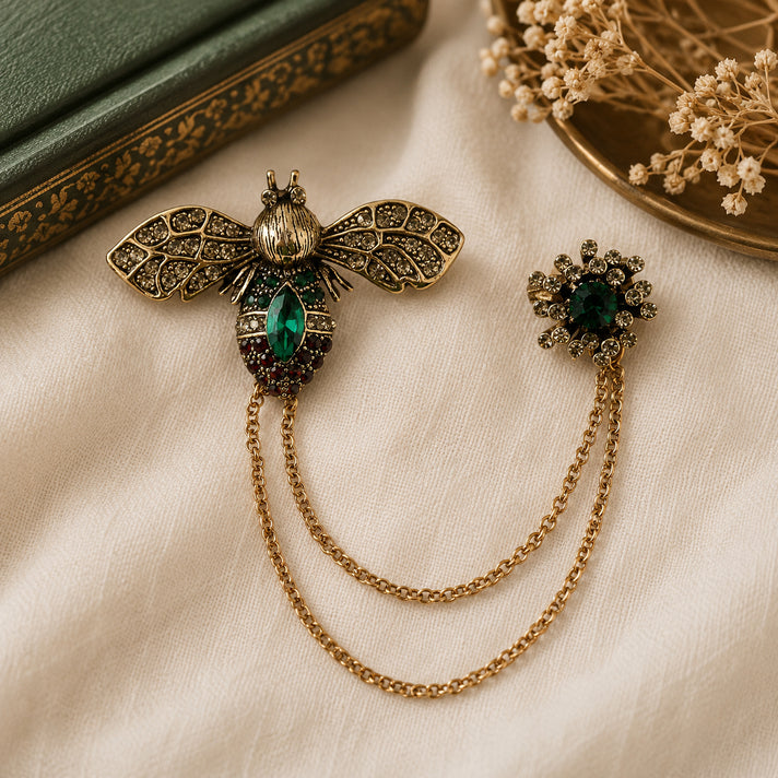 Antique Style Green Crystal Bee Pendant Brooch with Hanging Chains (12.5cm) - Green &amp; Red V32619880 2