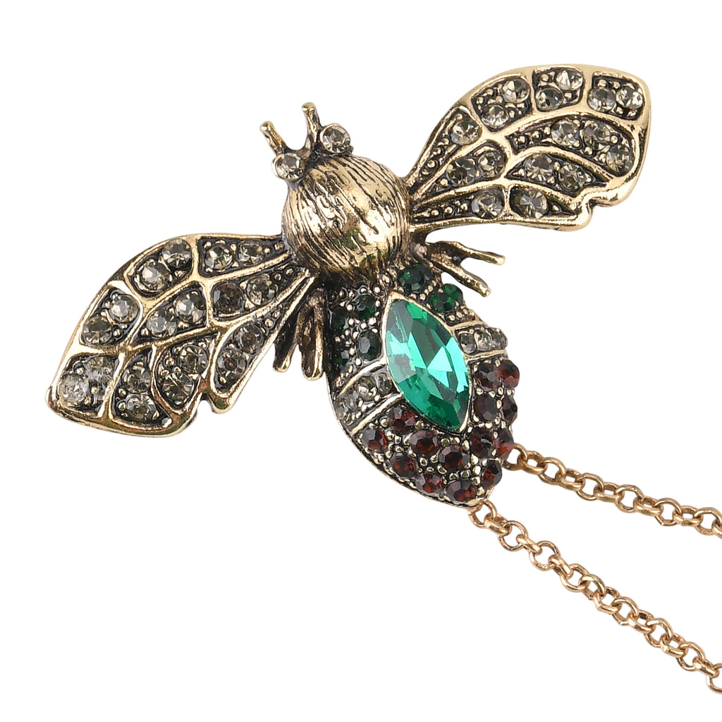 Antique Style Green Crystal Bee Pendant Brooch with Hanging Chains (12.5cm) - Green & Red_8557103_6