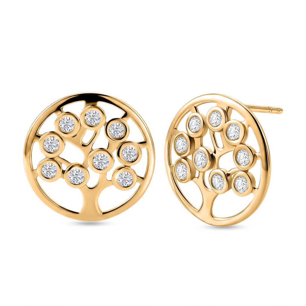 D'Joy - Moissanite Tree of Life Earring with Push Post in Yellow Gold Plated Sterling Silver_8557121