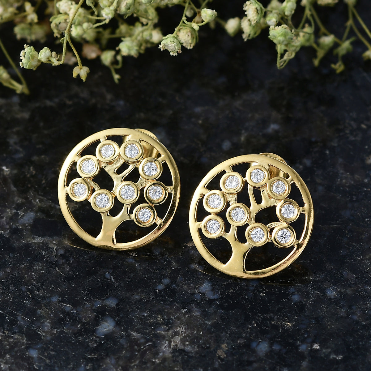 D'Joy - Moissanite Tree of Life Earring with Push Post in Yellow Gold Plated Sterling Silver 8557121 3