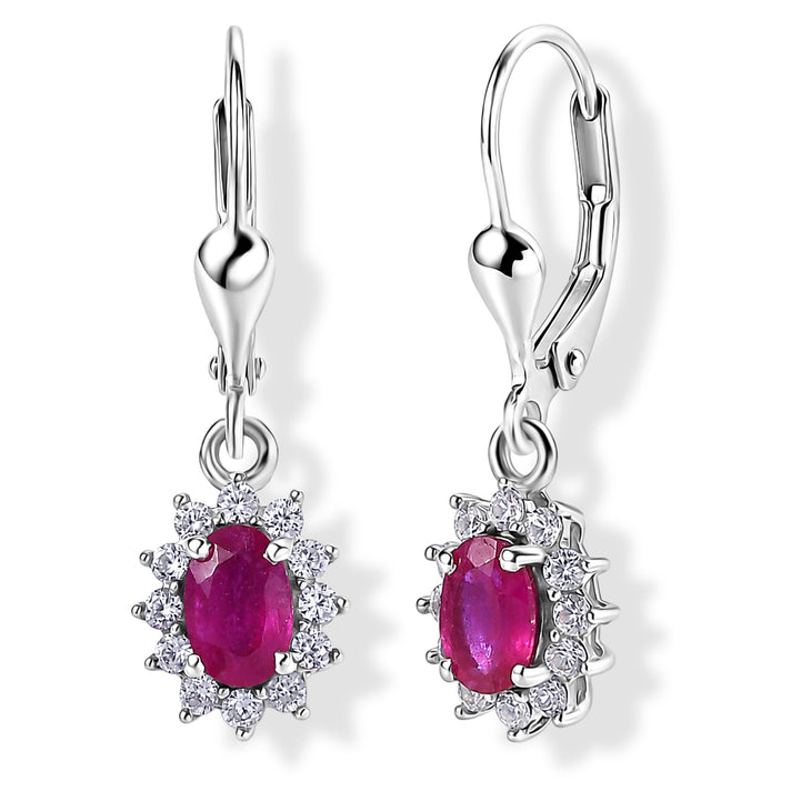 Royal Bali Collection - D'Joy African Ruby &amp; White Zircon Halo Earring with Lever Back in Rhodium Overlay Sterling Silver 2.00 Ct. 8557233 1