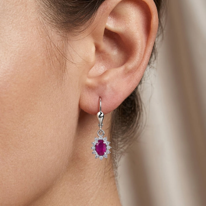Royal Bali Collection - D'Joy African Ruby &amp; White Zircon Halo Earring with Lever Back in Rhodium Overlay Sterling Silver 2.00 Ct. 8557233 2