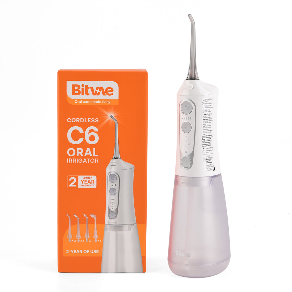 Bitvae C6 Water Flosser - White Cordless Portable Oral Irrigator - Premium 3 Modes 15 Intensity Levels Dental Flosser with 300ML Detachable Tank IPX7 Waterproof_8557788