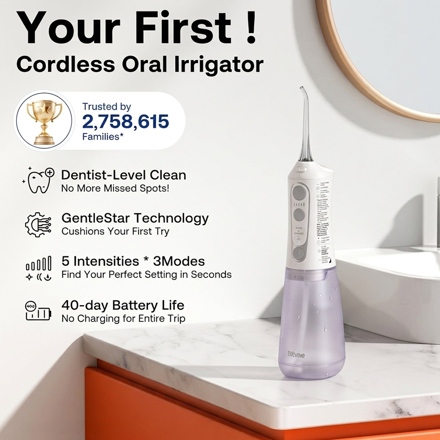 Bitvae C6 Cordless Water Dental Flosser | 300ml Tank Capacity | 3 Modes | 40 Days Powerful Battery | 6 Nozzles - White 8557788 1
