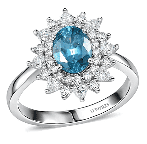 Certified and Appraised D'Joy Blue Zircon, Moissanite Main Stone With Surrounding Stone Ring in Rhodium OverlaySterling Silver  2.470  Ct. 8558022 1
