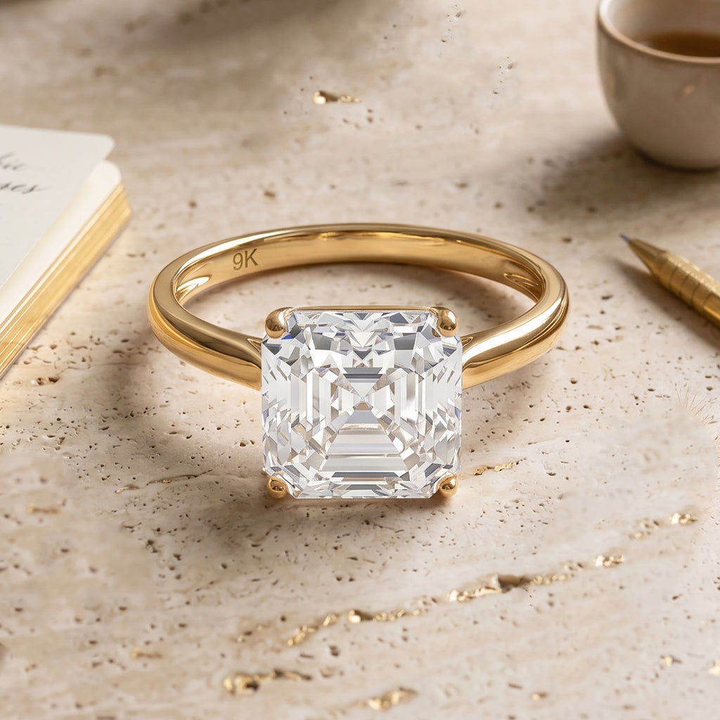 9K Yellow Gold GRA Certified VVS1/D Moissanite Asscher Cut Solitaire Ring 4.00 Ct._8559390_2