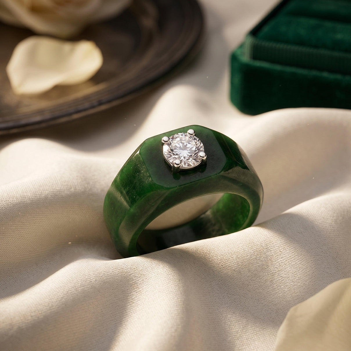 D'Joy - Moissanite &amp; Green Jade Solitaire Band Ring in Rhodium Overlay Sterling Silver 28.76 Ct. V32513496 3