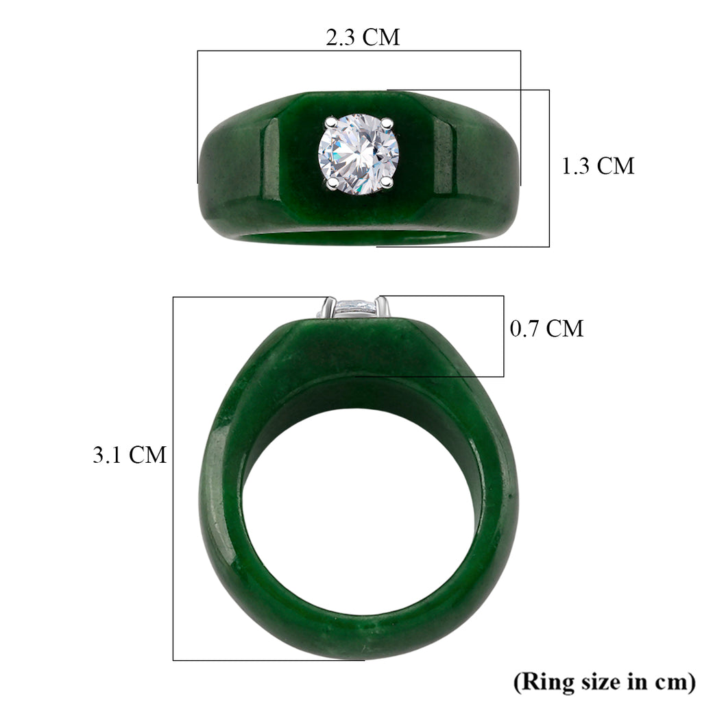 D'Joy - Moissanite & Green Jade Solitaire Band Ring in Rhodium Overlay Sterling Silver 28.76 Ct._8560302_5