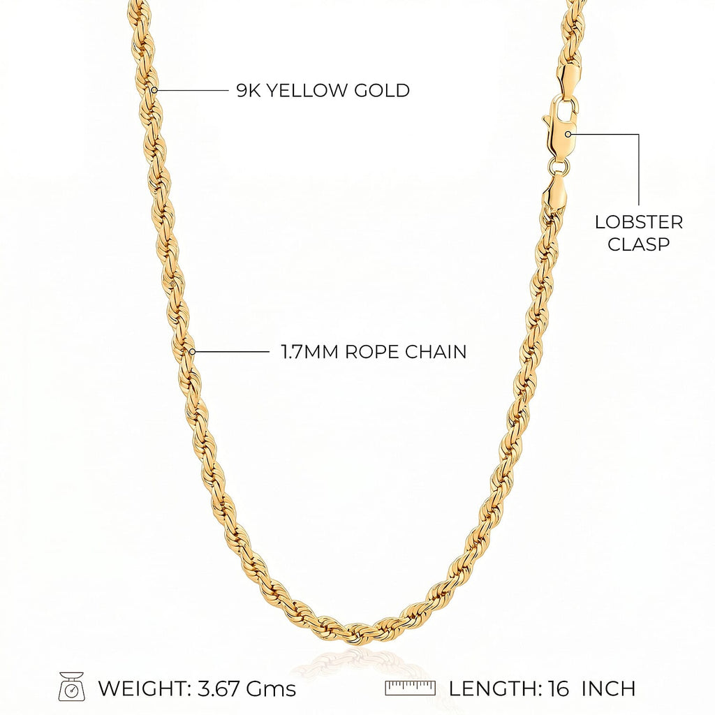 9K Yellow Gold Rope Chain (Size - 20) with Lobster Clasp, Gold Wt. 4.25 Gms