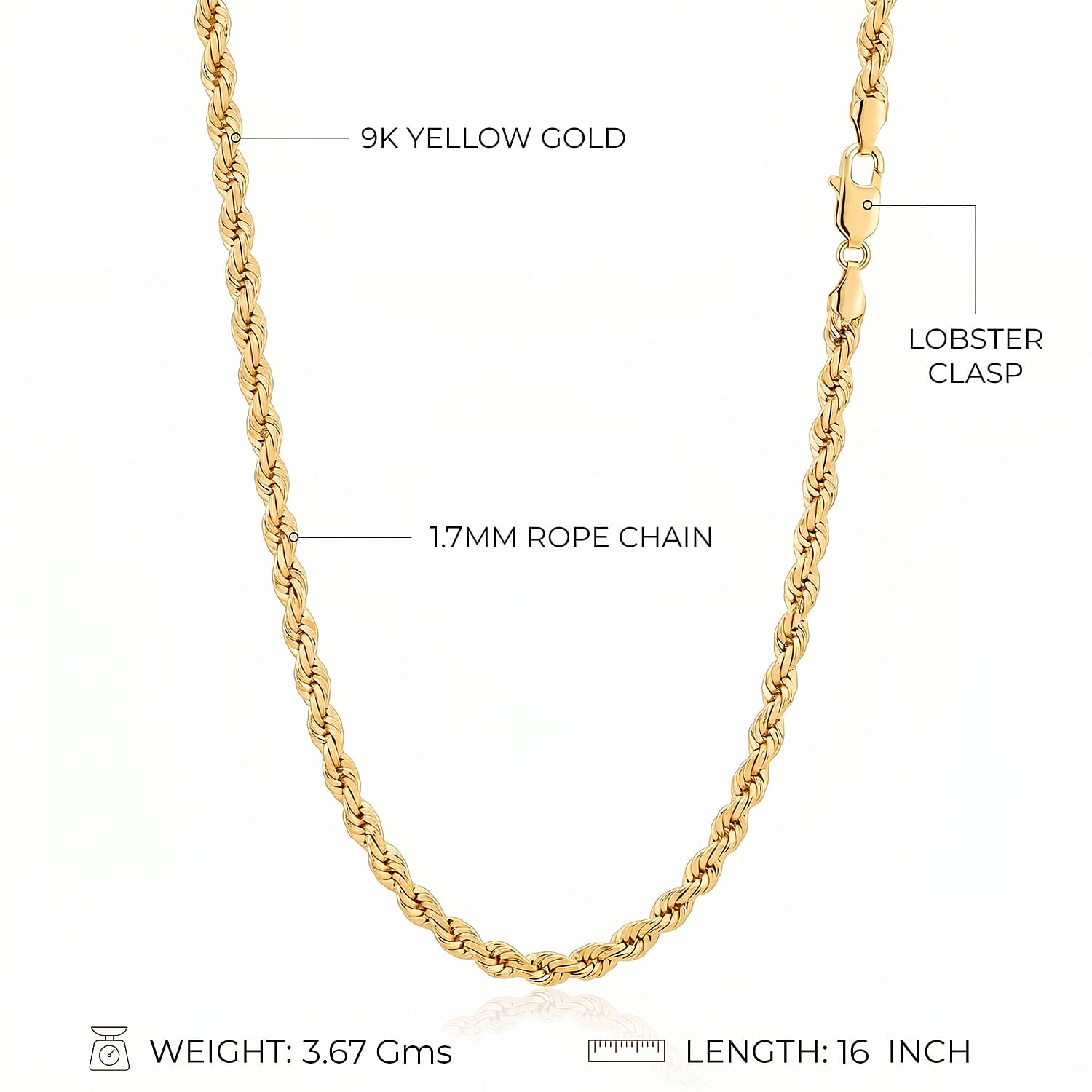 9K Yellow Gold Rope Chain (Size - 16) with Lobster Clasp, Gold Wt. 3.67 Gms 8560431 4
