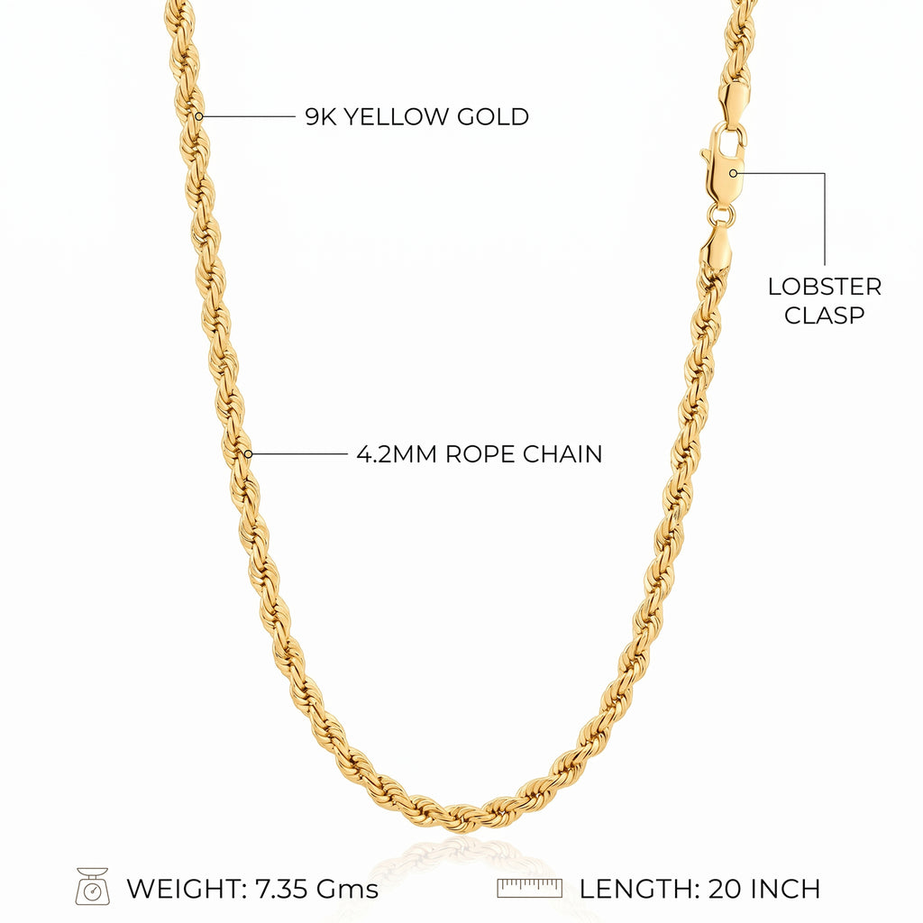 9K Yellow Gold Rope Chain (Size - 20) with Lobster Clasp, Gold Wt. 7.35 Gms_8560456_4