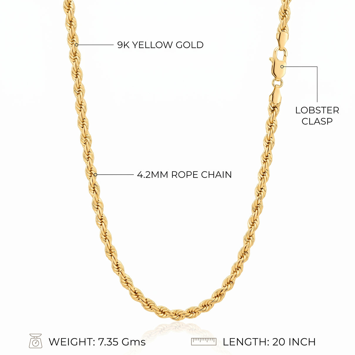 9K Yellow Gold 4.2MM Rope Chain with Lobster Clasp, 7.35 Gms 20 Inch V32508315 4
