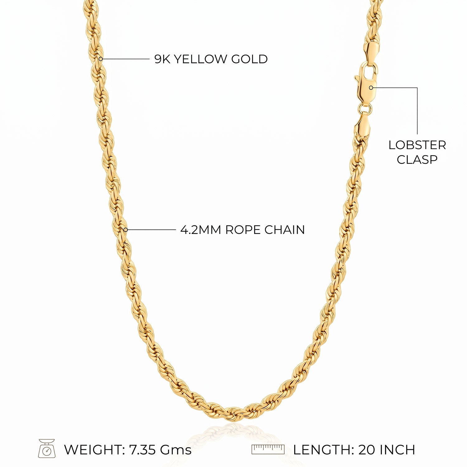 9K Yellow Gold 4.2MM Rope Chain with Lobster Clasp, 7.35 Gms 20 Inch V32508315 4