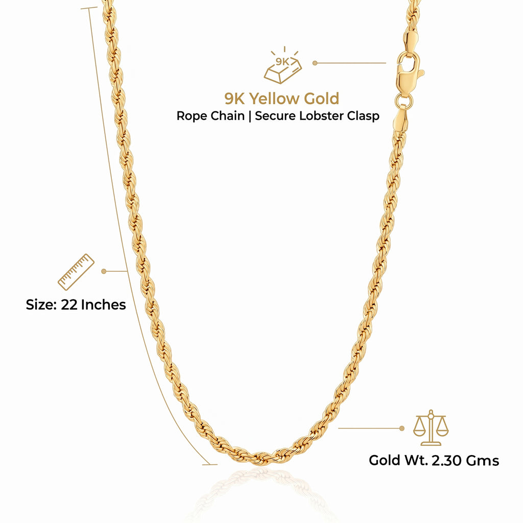One Time Deal- 9K Yellow Gold Rope Chain (Size - 22) with Lobster Clasp_8560655_4