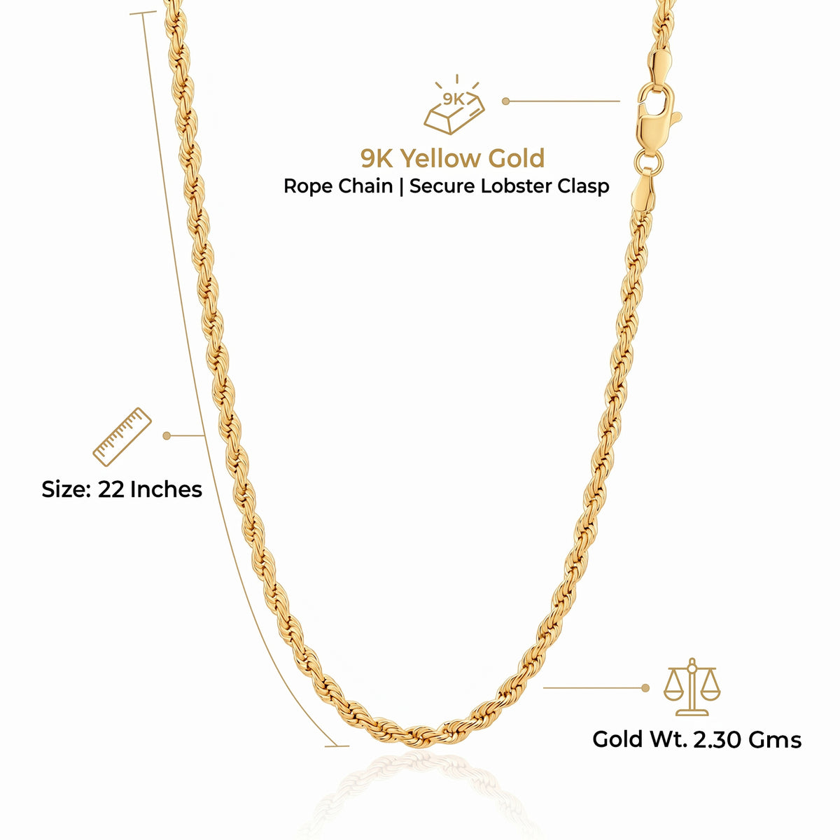 One Time Deal- 9K Yellow Gold Rope Chain (Size - 22) with Lobster Clasp 8560655 4