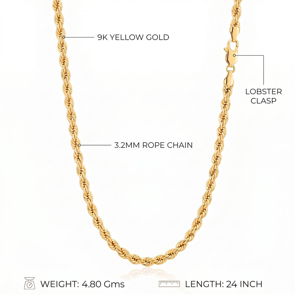 9K Yellow Gold Rope Chain (Size - 24) with Lobster Clasp, Gold Wt. 4.80 Gms_8560674_4