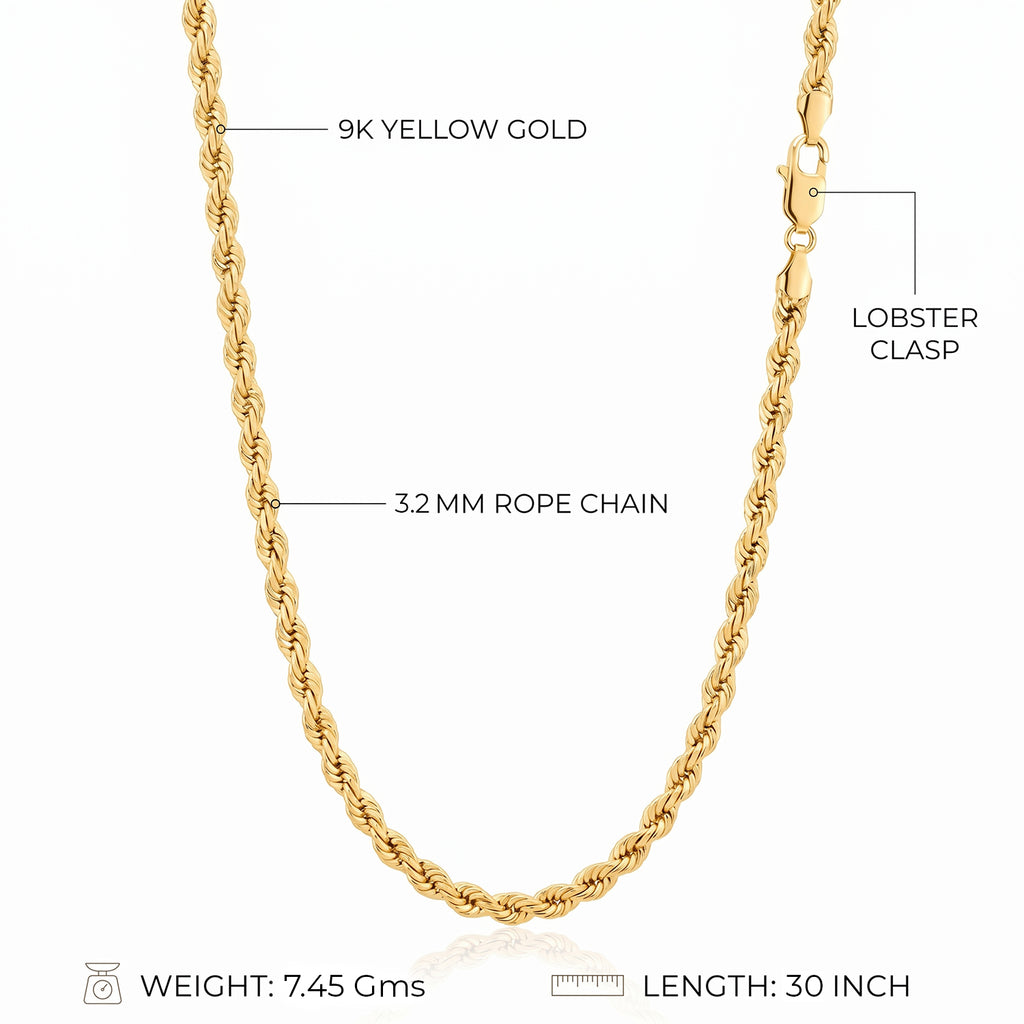 9K Yellow Gold Rope Chain (Size - 30) with Lobster Clasp, Gold Wt. 7.45 Gms_8560691_4