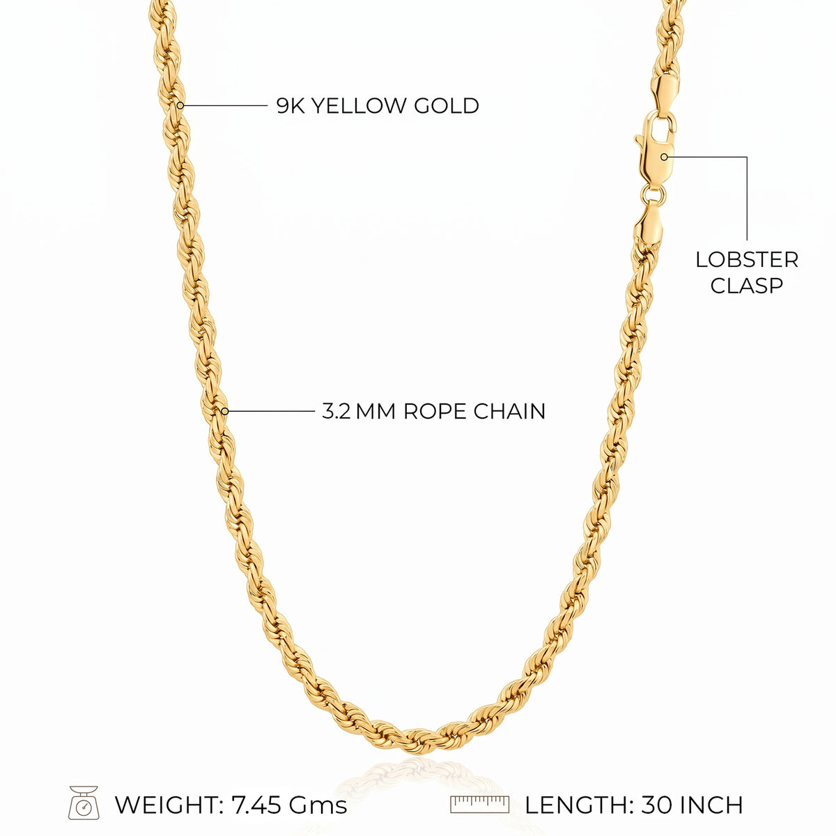 9K Yellow Gold 3.2MM Rope Chain with Lobster Clasp, 7.45 Gms 30 Inch V32522283 4