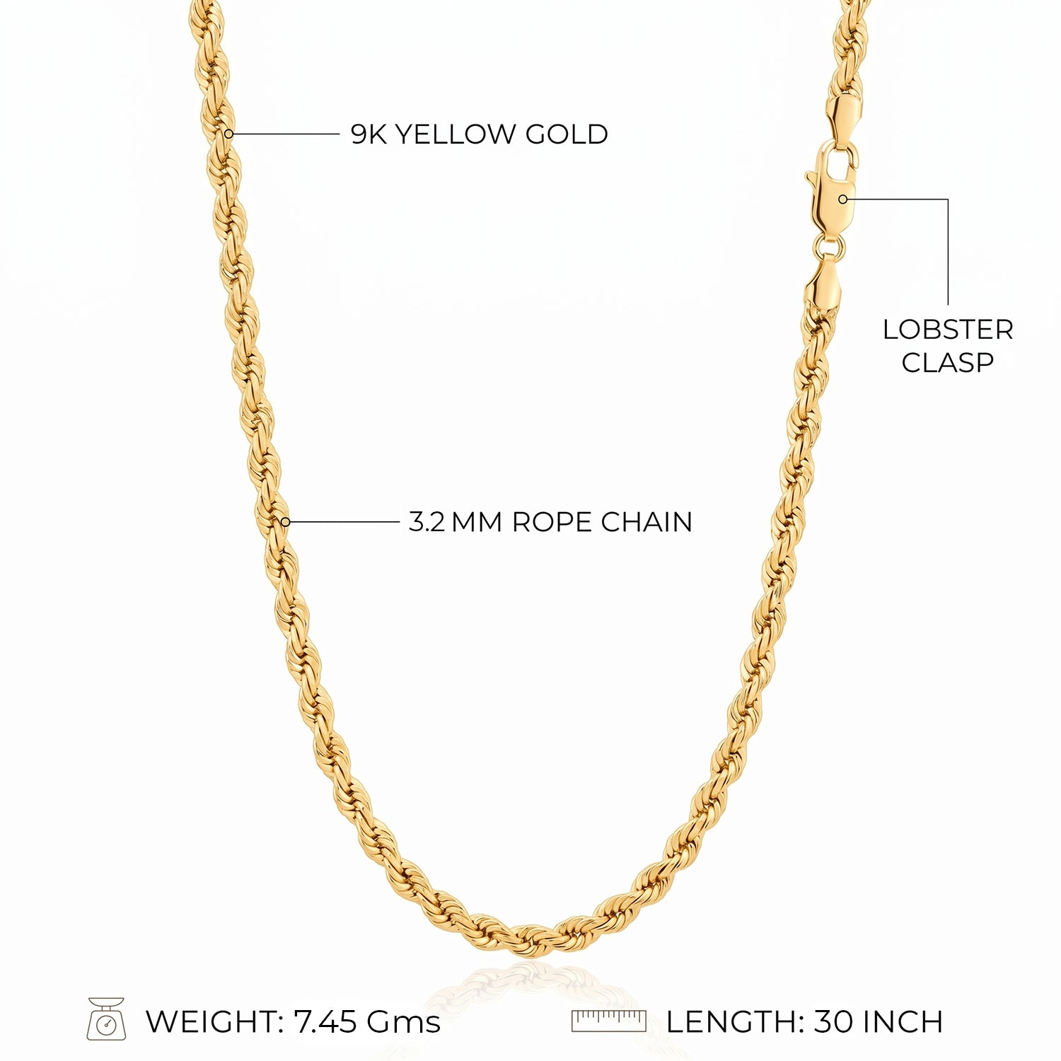 9K Yellow Gold 3.2MM Rope Chain with Lobster Clasp, 7.45 Gms 30 Inch V32522283 4