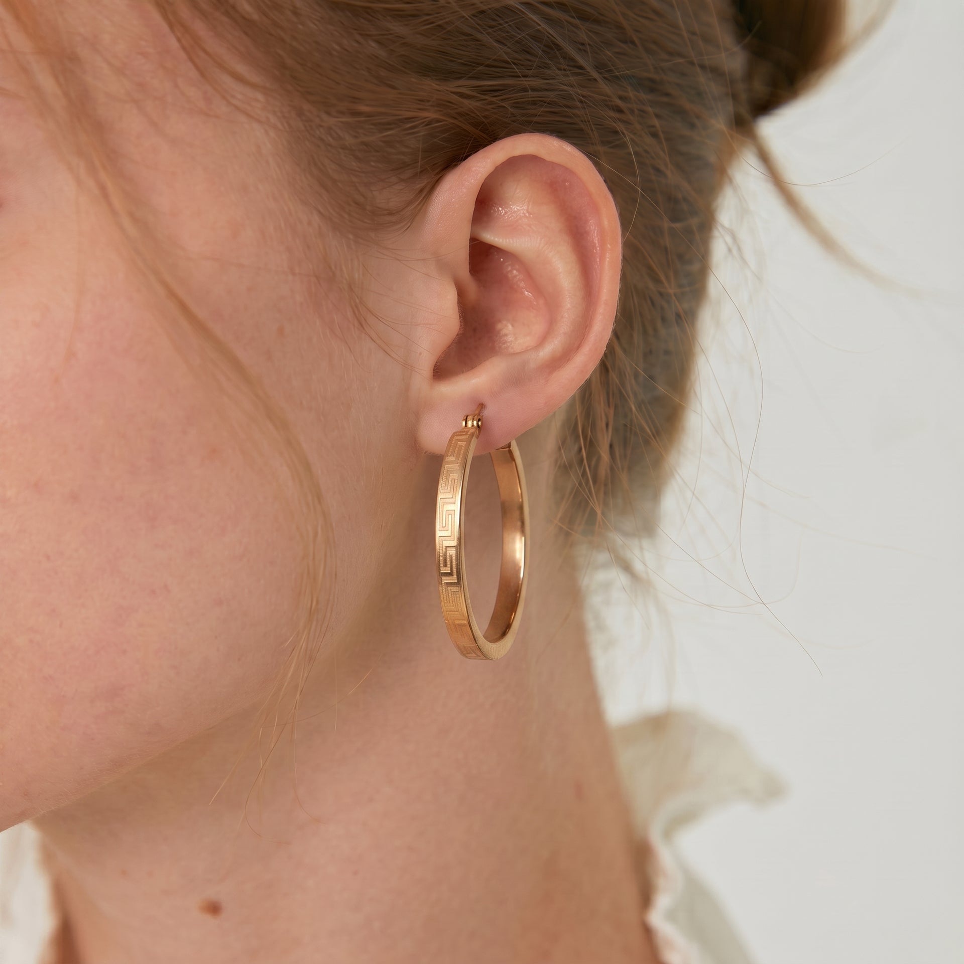9K Yellow Gold Greek Key Hoop Earrings 8560727 1