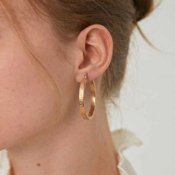 9K Yellow Gold Greek Key Hoop Earrings 8560727 2