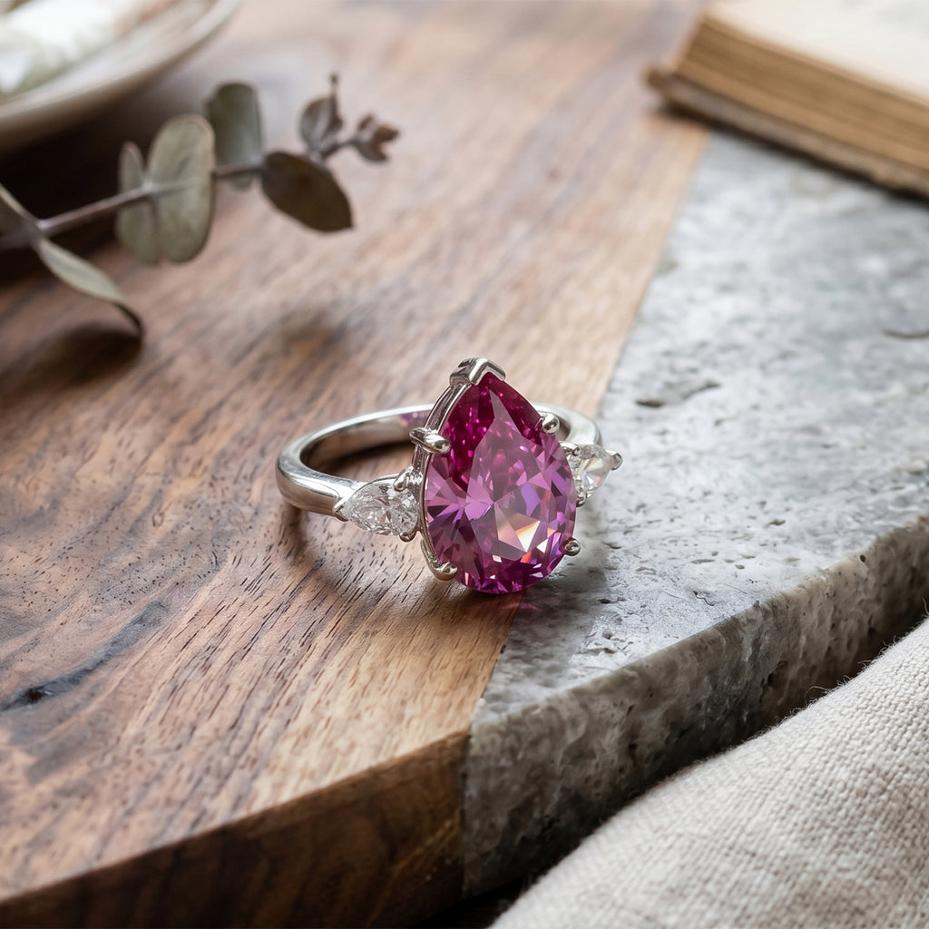 D'Joy - Rare Pink Moissanite & White Moissanite Trilogy Ring in Rhodium Overlay Sterling Silver 5.77 Ct._8561289_2