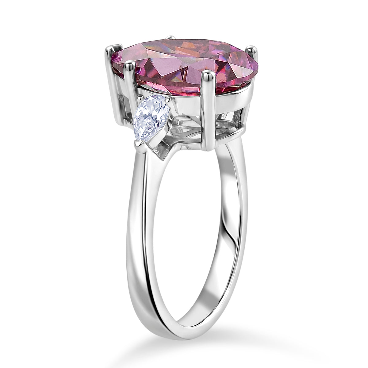 D'Joy - Rare Pink Moissanite &amp; White Moissanite Trilogy Ring in Rhodium Overlay Sterling Silver 5.77 Ct. V32611156 4