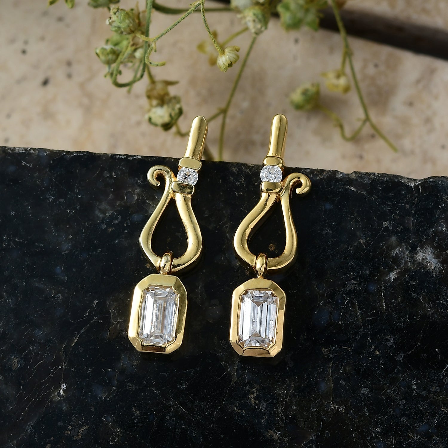 D'Joy - Moissanite Dangling Earring with Push Post in Yellow Gold Plated Sterling Silver V32365019 0