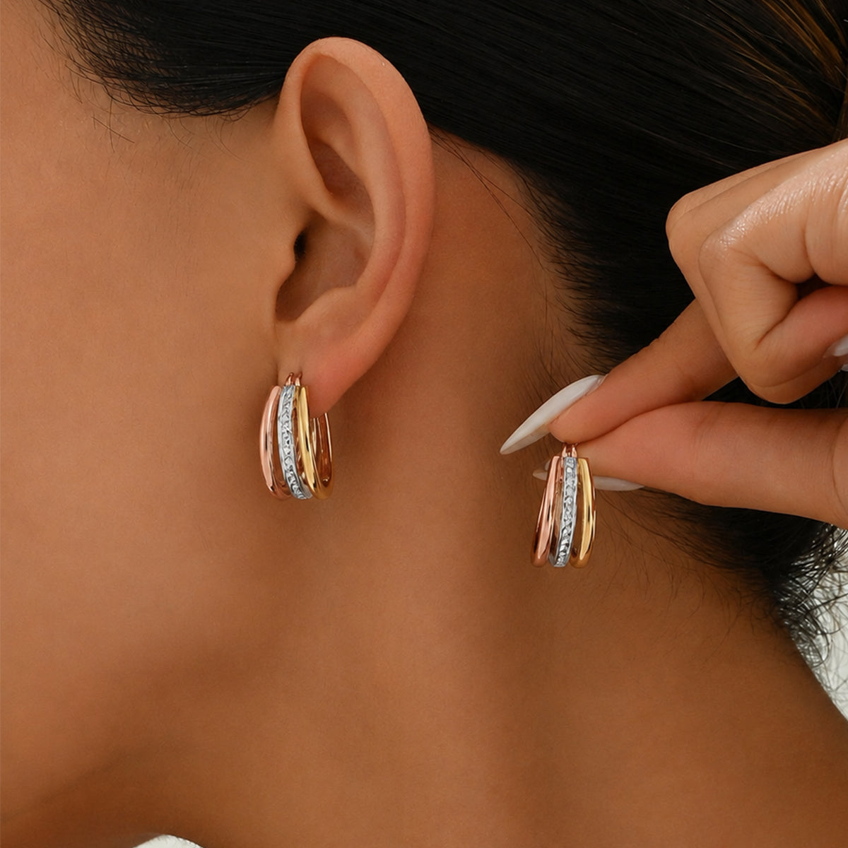 9K Yellow, Rose &amp; White Gold - Multi Strand Hoop Earring, 2 Gms V32522353 1