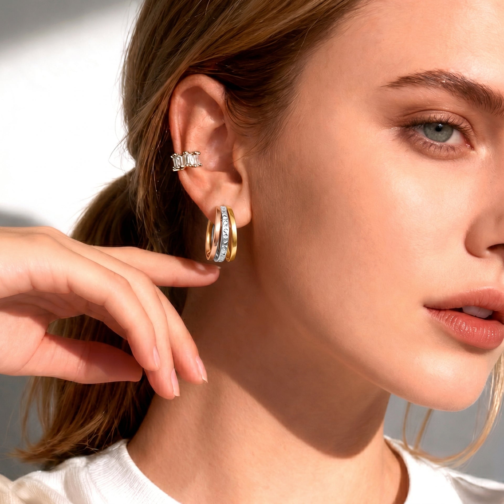 9K Yellow, Rose &amp; White Gold - Multi Strand Hoop Earring, 2 Gms V32522353 3