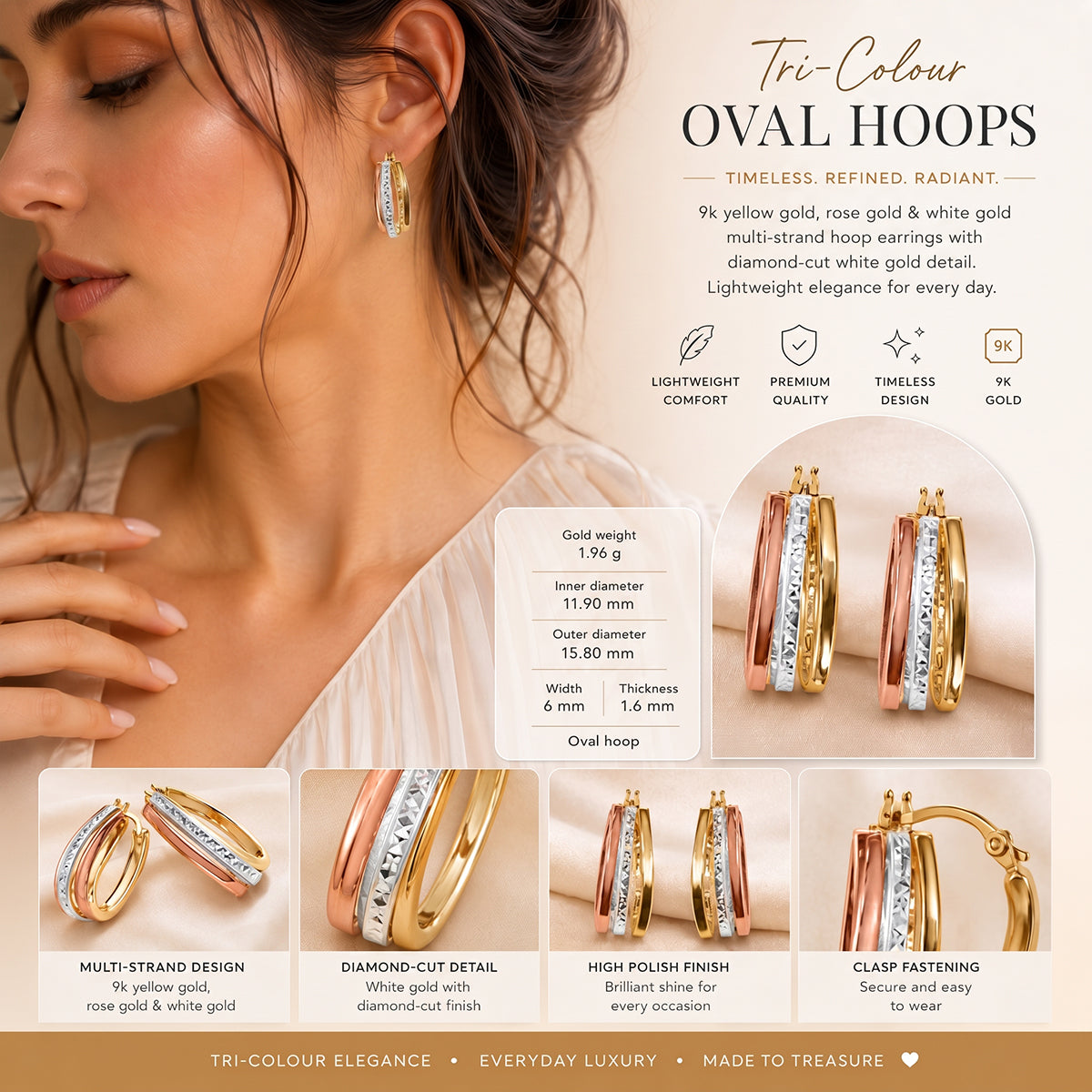 9K Yellow, Rose &amp; White Gold - Multi Strand Hoop Earring, 2 Gms V32522353 4